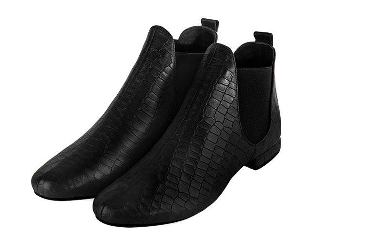 Satin black women's ankle boots, with elastics. Round toe. Flat block heels. Front view - Florence KOOIJMAN